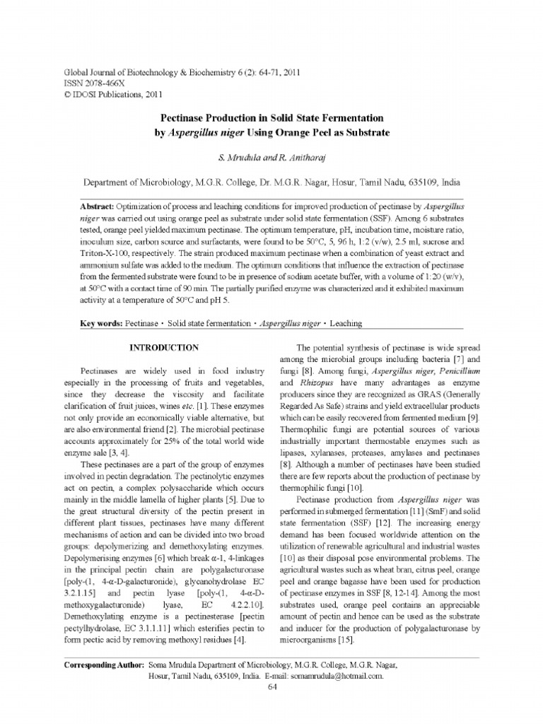 Pectinase Production Using Orange Peel As Substrate PDF PDF