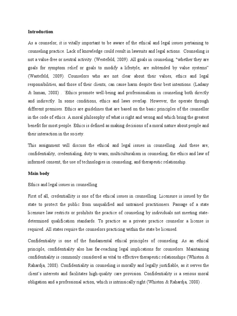 Ethical and Legal Issues in Counseling | PDF | Confidentiality ...