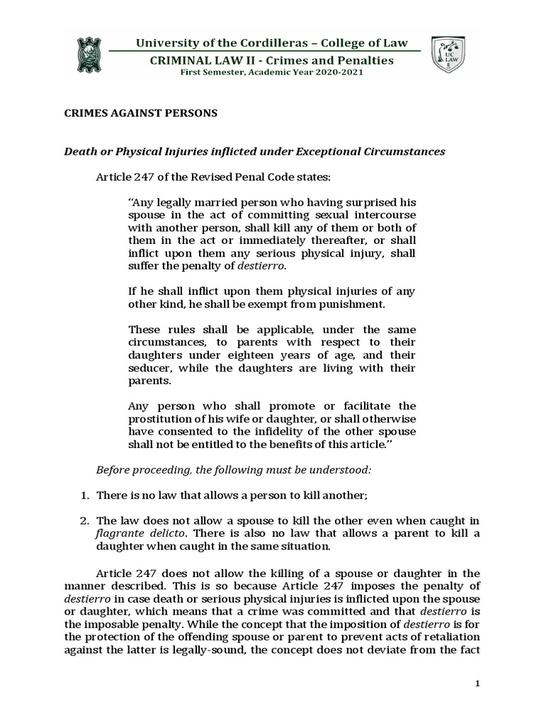 Crimes Against Persons - Death or Physical Injuries Inflicted Under ...