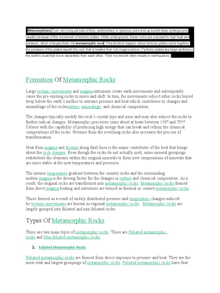 Formation and Types of Metamorphic Rocks | PDF | Rock (Geology) | Earth ...