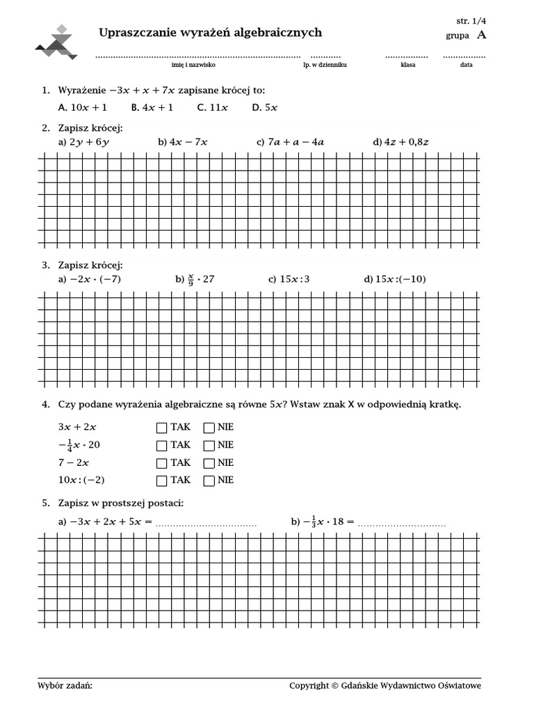 Zapisywanie Wyrażeń Algebraicznych Klasa 6 Zadania