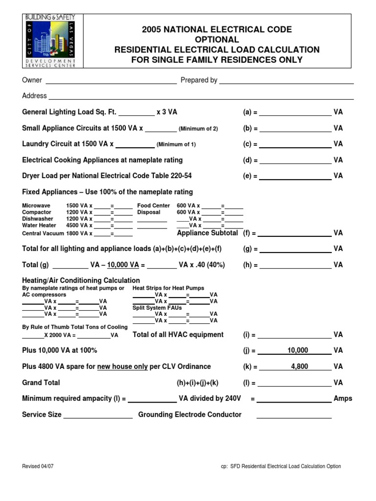 2005 National Electrical Code Optional Residential Electrical Load