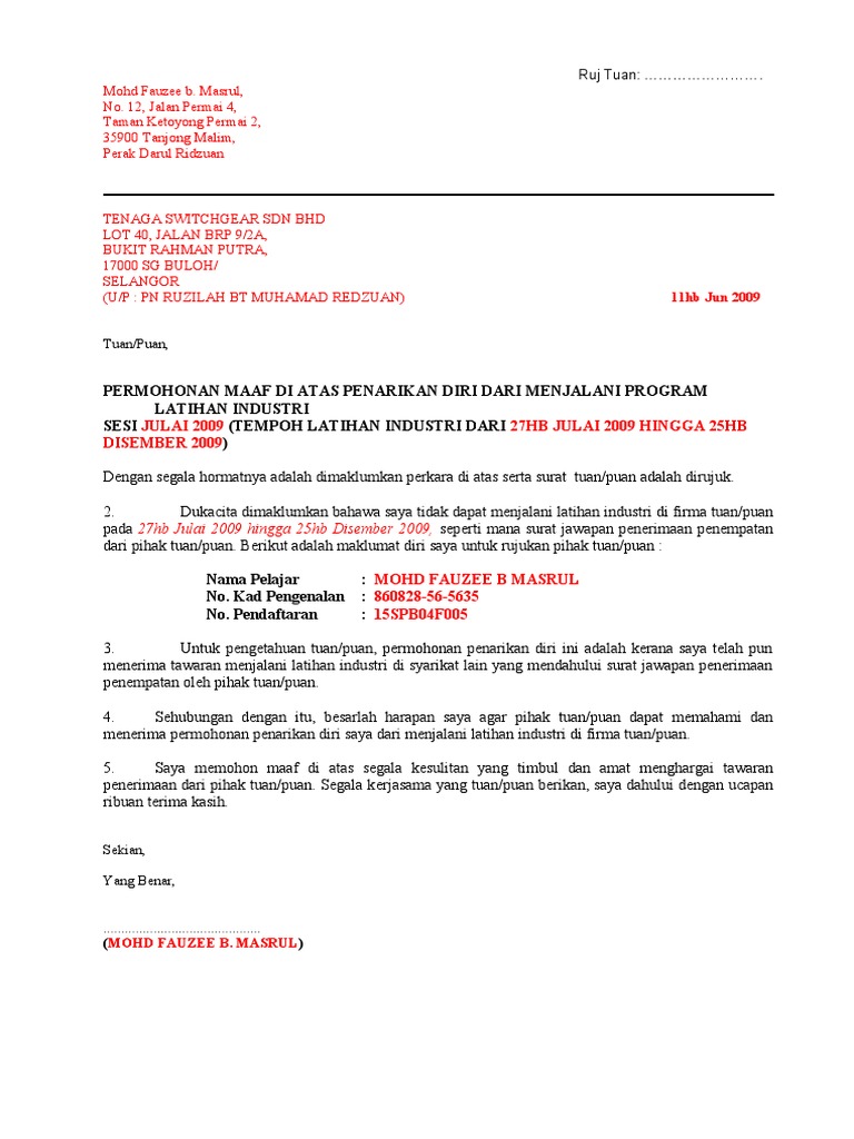 Contoh Pertama Surat Penarikan Diri N Mohon Maaf Pelajar Ke Firma Pdf