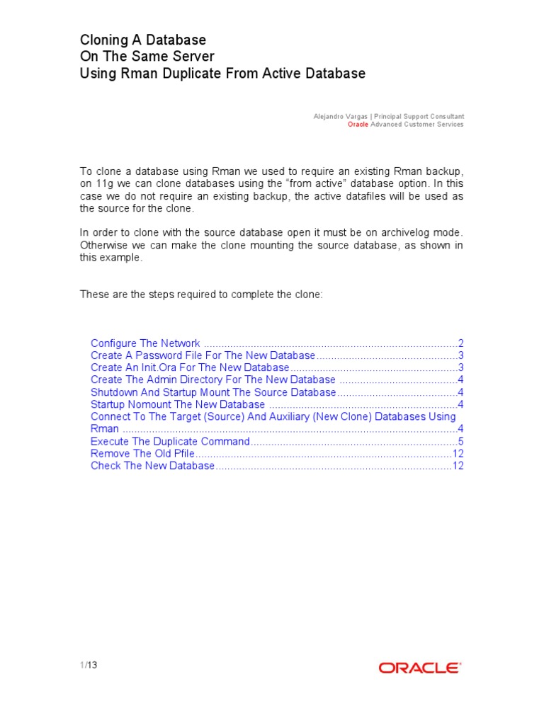 Oracle Rman Duplicate From Active Database | PDF