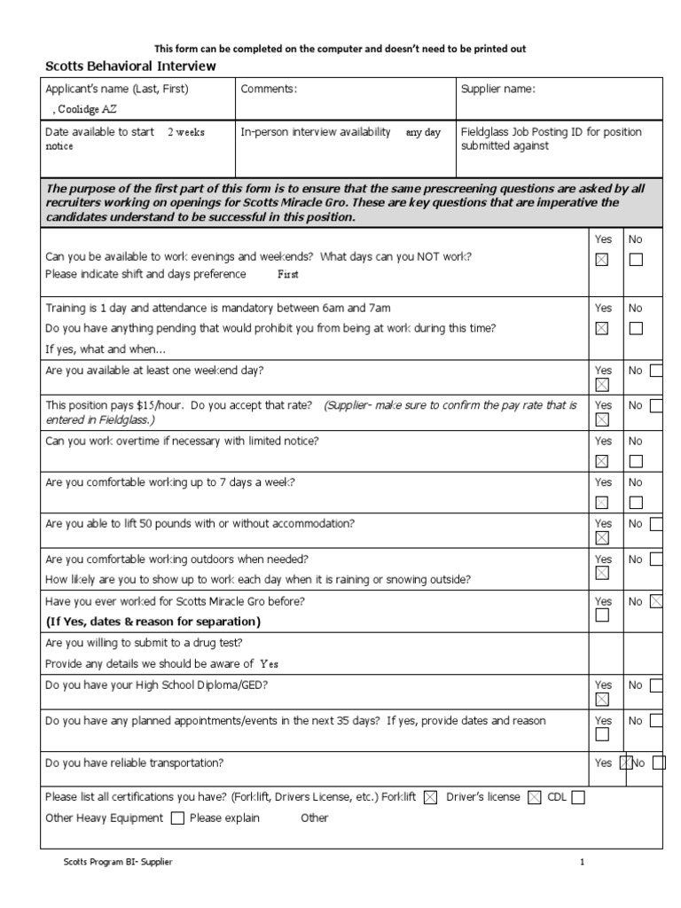 Scotts Behavioral Interview Form | PDF
