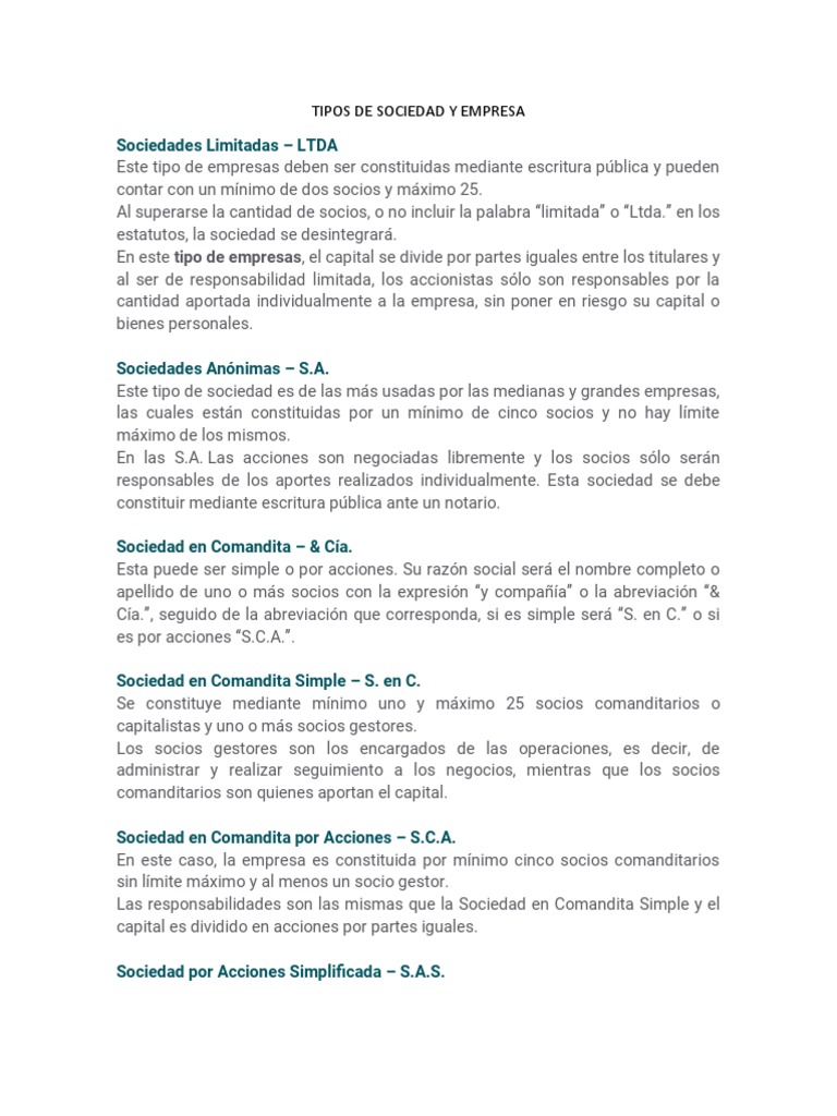 Tipos de Sociedad y Empresa | PDF | Derecho Corporativo | Conceptos legales