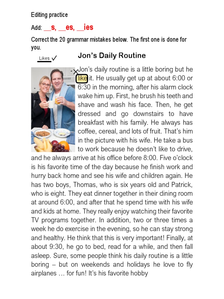 S, - Es, - Ies: Jon's Daily Routine | PDF