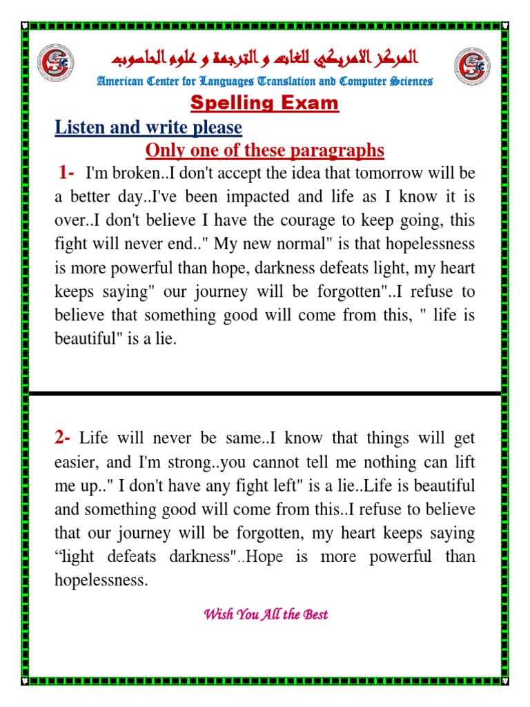 Spelling Exam Only One of These Paragraphs 1-: Listen and Write Please ...