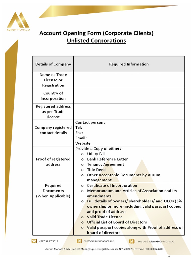 Corporate Account Opening Form | PDF | Passport | Travel Visa
