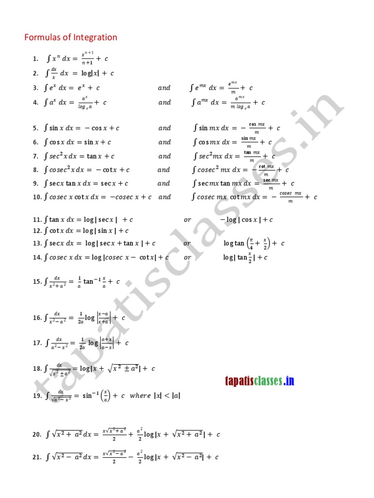 Formulas of Integration For Class 11 and 12 Mathematics | PDF ...