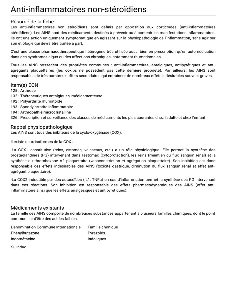 Guide des AINS : Utilisation et Risques | PDF | Prostaglandine | Anti ...