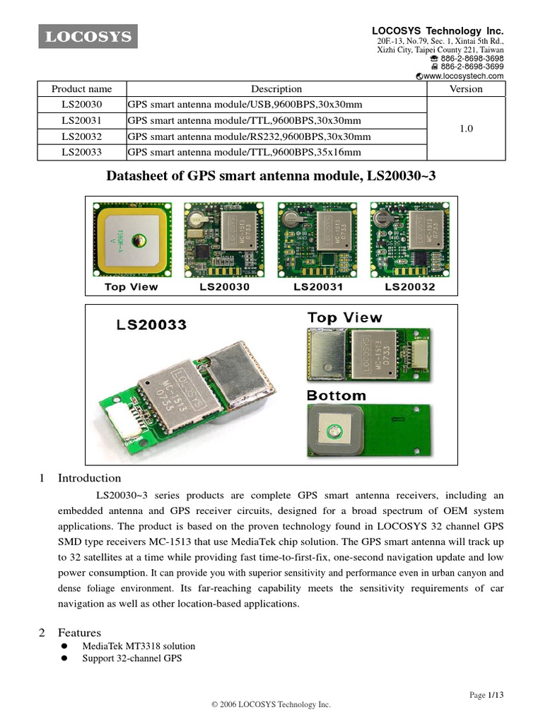Datasheet of GPS Smart Antenna Module, LS20030 3: LOCOSYS Technology ...