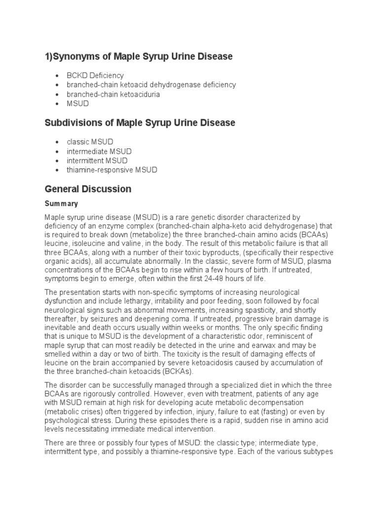 Maple Syrup Urine Disease Guide | PDF | Leucine | Biochemistry