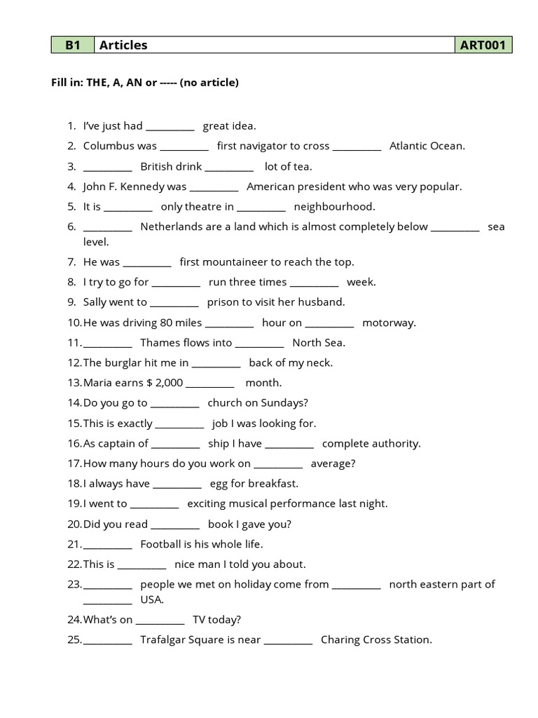 B1 Articles Practice Exercises | PDF | Travel | Home & Garden