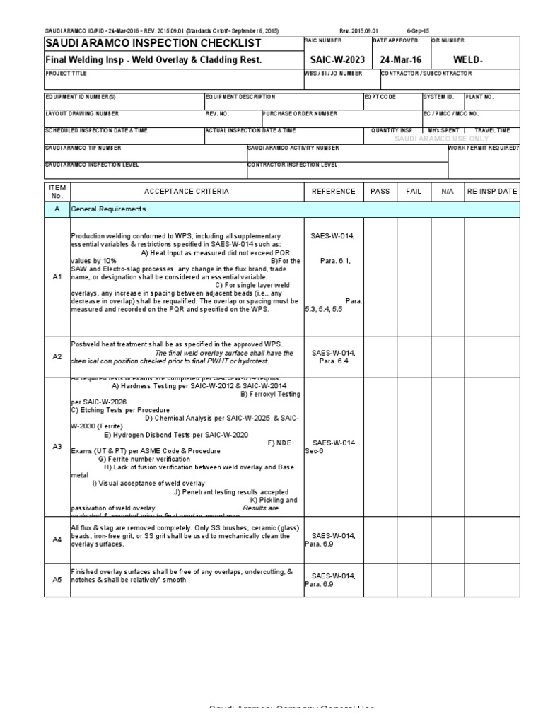 Saudi Aramco Inspection Checklist Final Welding Insp Weld Overlay
