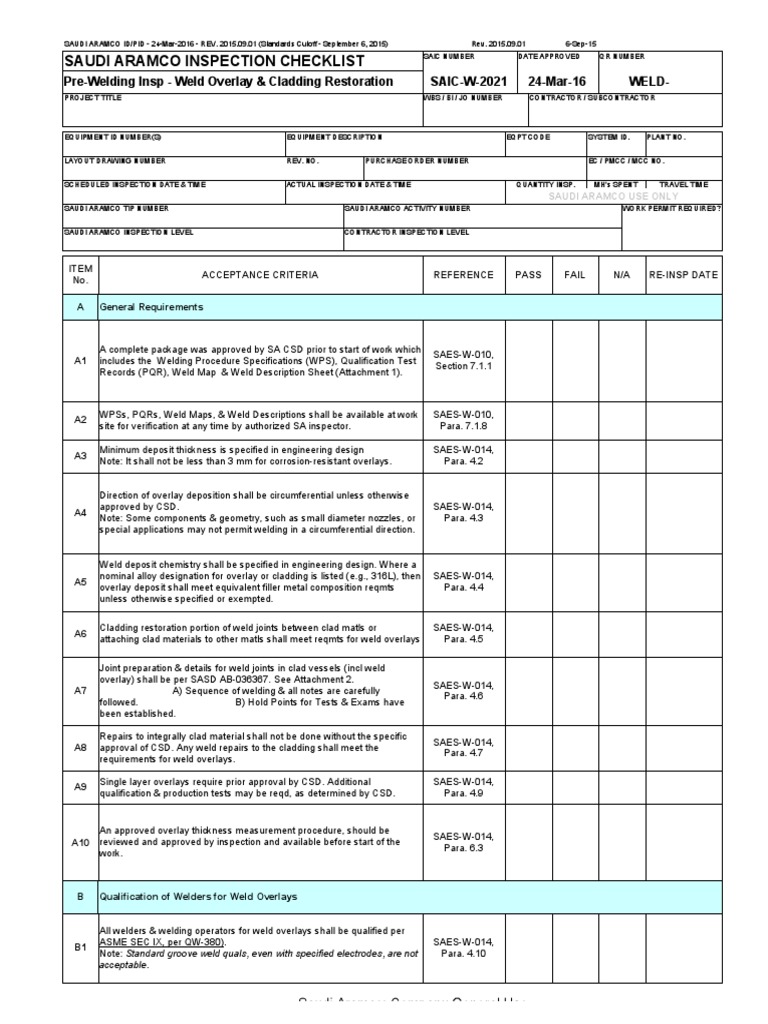 Saudi Aramco Inspection Checklist PreWelding Insp Weld Overlay