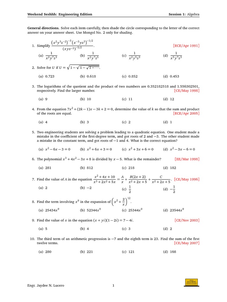 Algebra Problems for Engineering Students | PDF | Volt | Resistor