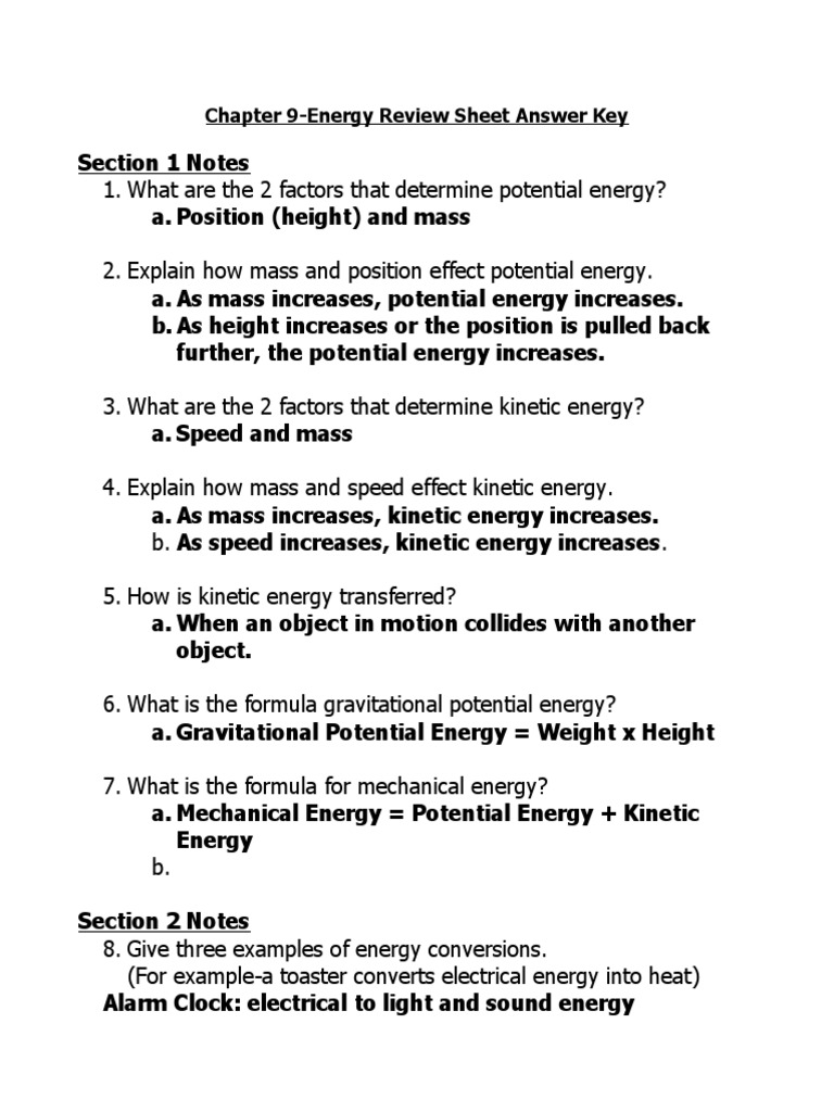 Chapter 9Energy Review Sheet Answer Key PDF Potential Energy