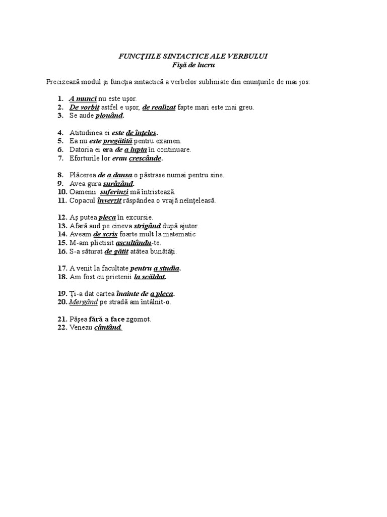 Functiile Sintactice Ale Verbului FUNCTIILE SINTACTICE ALE VERBULUI-Fisa de Lucru | PDF
