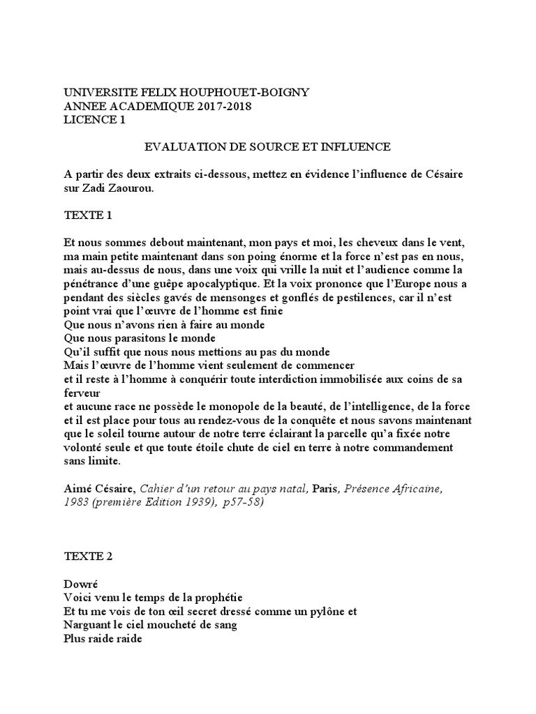 Cahier D Un Retour Au Pays Natal Pdf Gratuit Evaluation Sources Et Influences | PDF | La nature