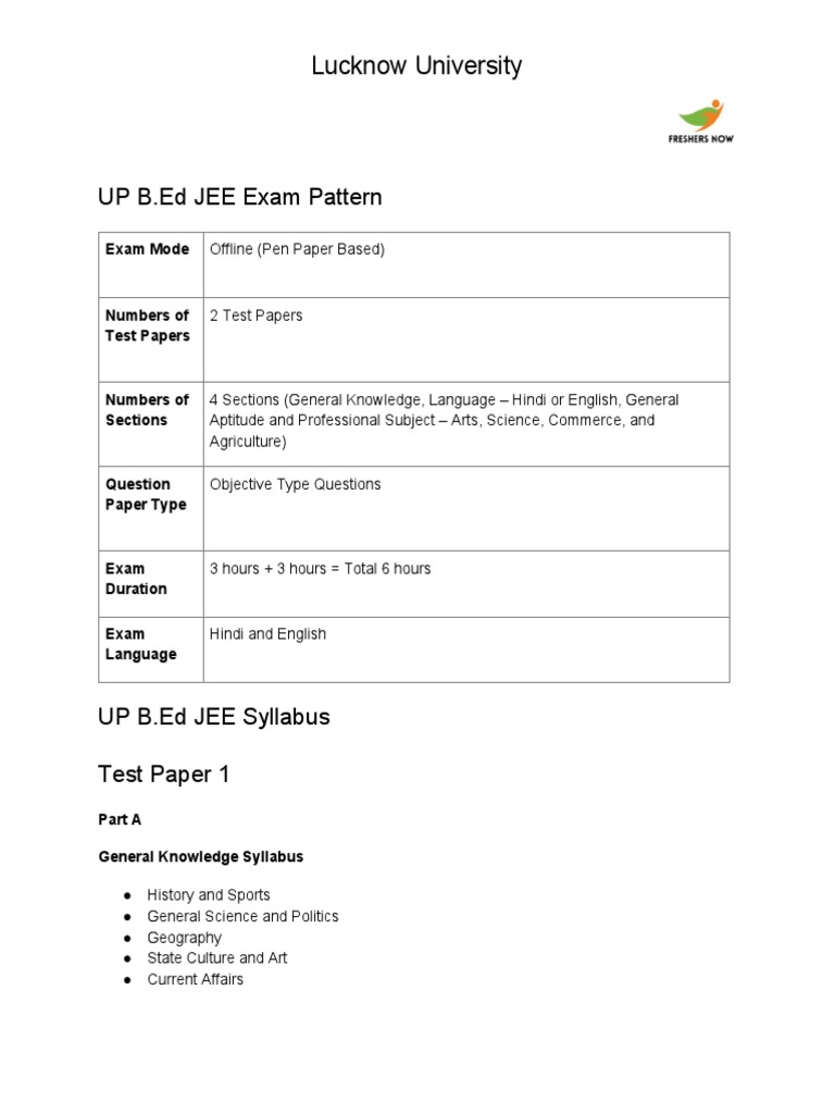 UP B.Ed JEE Exam Pattern Lucknow University PDF English Language