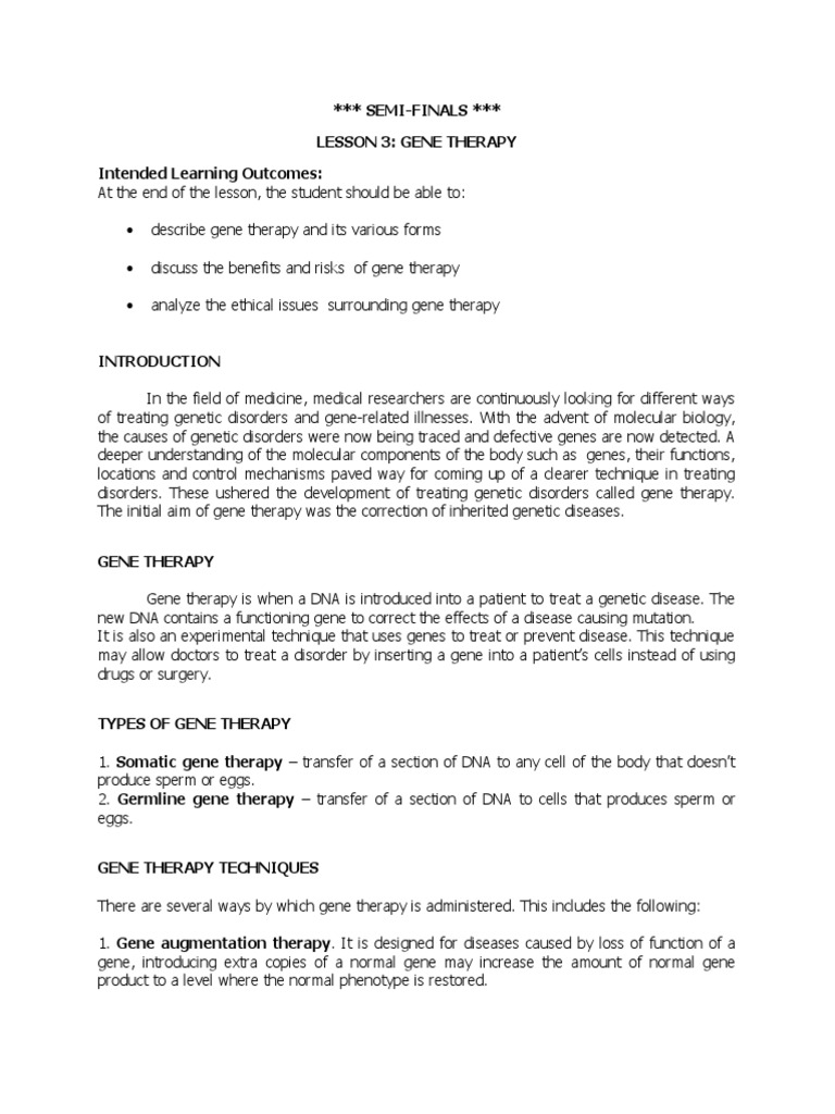 Semi Finals Lesson 3 Gene Therapy Intended Learning Outcomes Pdf