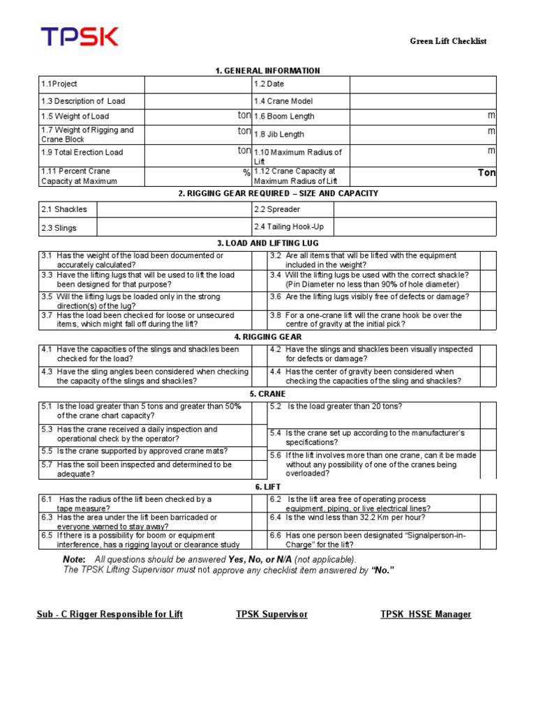 3 Green Lift Checklist Form | PDF | Crane (Machine) | Nature