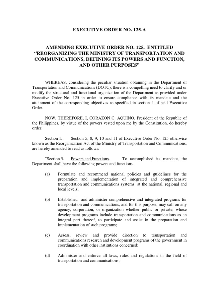 Executive Order No. 125A PDF Executive Order President Of The Philippines