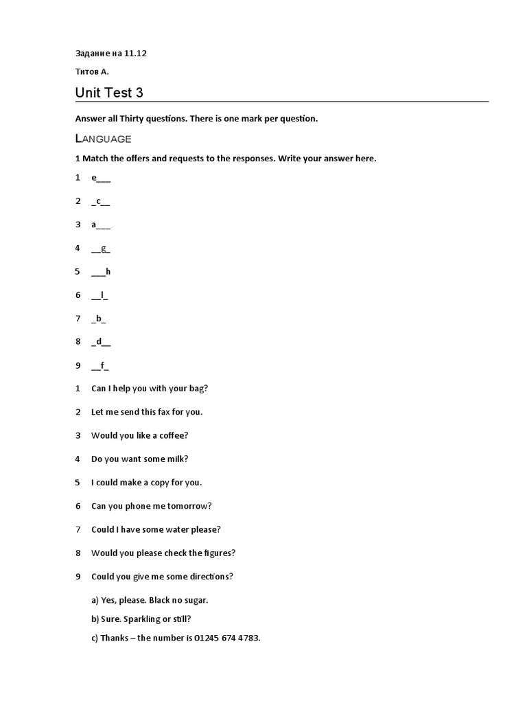 Unit Test 3: Answer All Thirty Questions. There Is One Mark Per ...