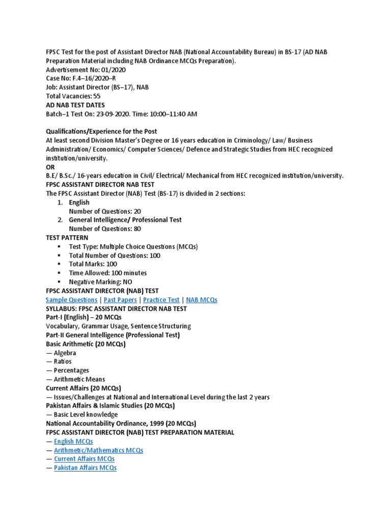 Preparation Guide for FPSC Assistant Director (NAB) BS17 Test PDF Multiple Choice Hydrogen