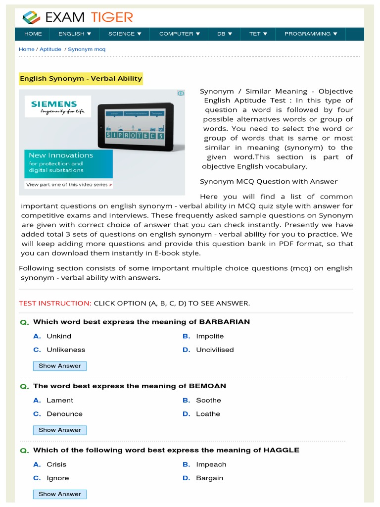 Synonym MCQ Questions and Answer English Synonym Verbal Ability
