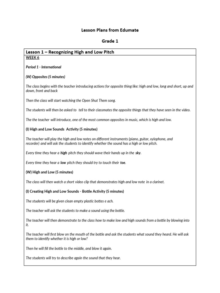Grade 1 High and Low Pitch Lesson Plan | PDF | Pitch (Music) | Sound