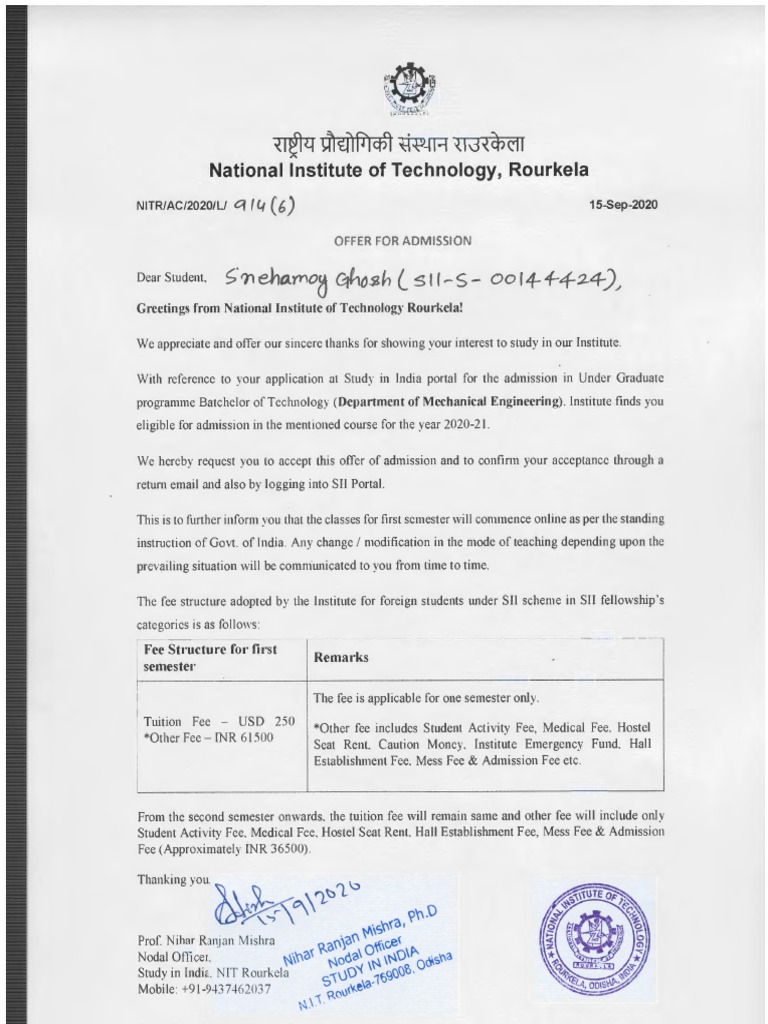 NIT Rourkela Admission Offer Letter 2020 | PDF