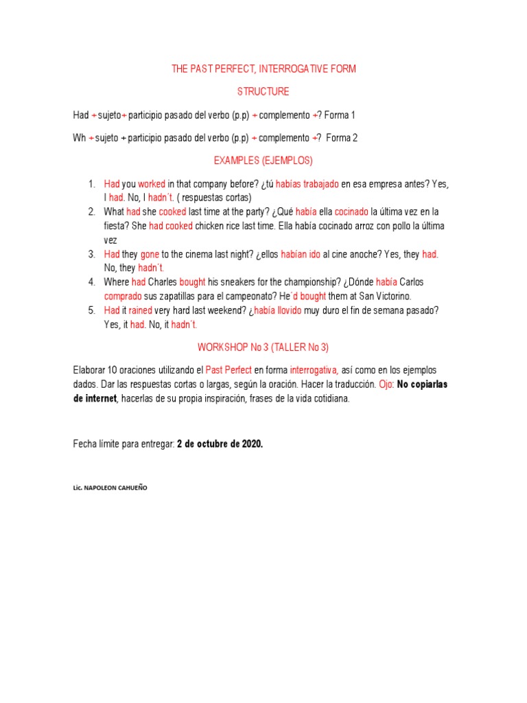 Formación y ejemplos del Past Perfect Interrogativo: Un taller para ...