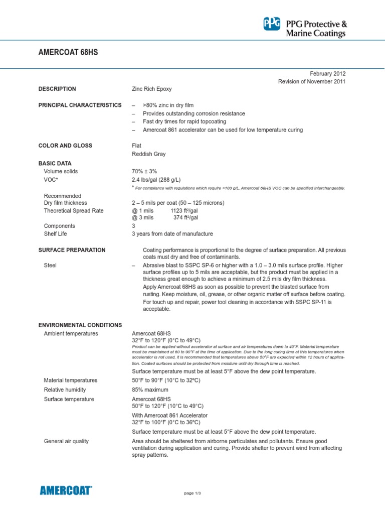 Amercoat 68Hs: Description Principal Characteristics | PDF | Paint | Epoxy