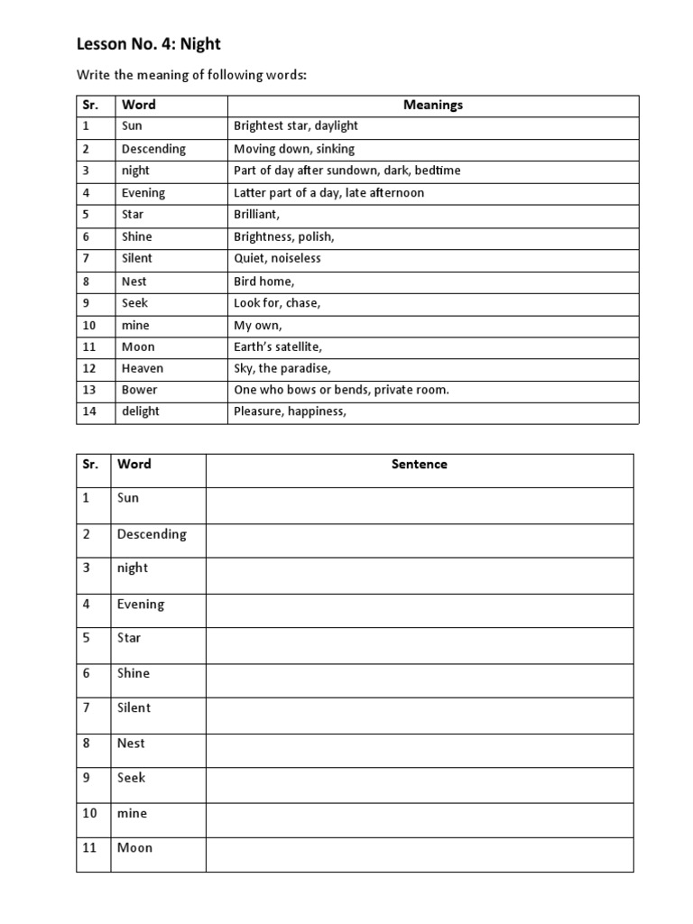 Understanding Key Concepts A Lesson on Night PDF Noun Verb