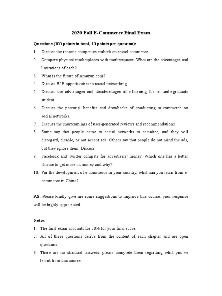 2020 Fall Final Exam Questions (100 Points in Total, 10