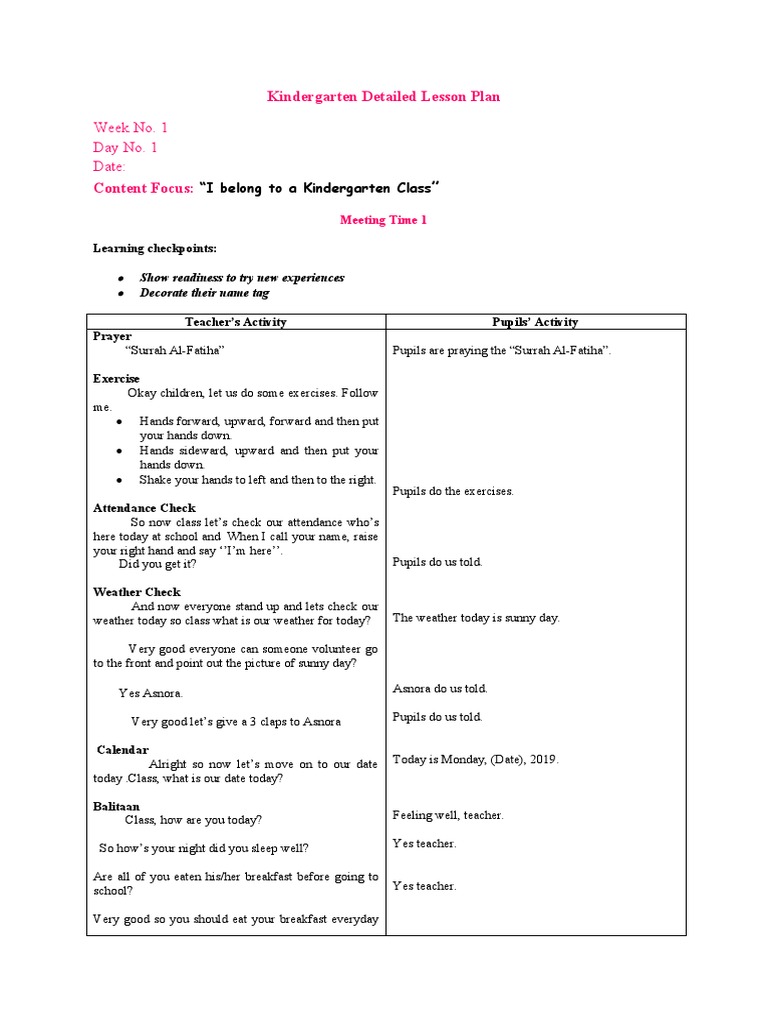 Kindergarten Week 1 Detailed Lesson Plan | PDF | Shape