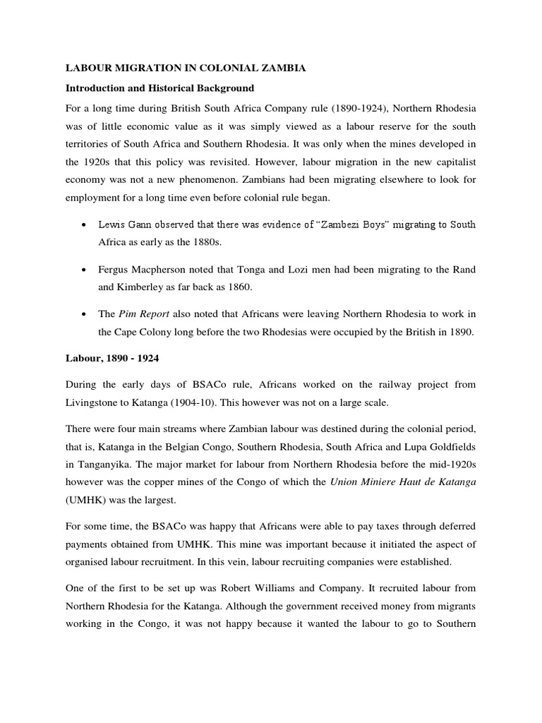Labour Migration in Colonial Zambia | PDF | Zambia | Economies