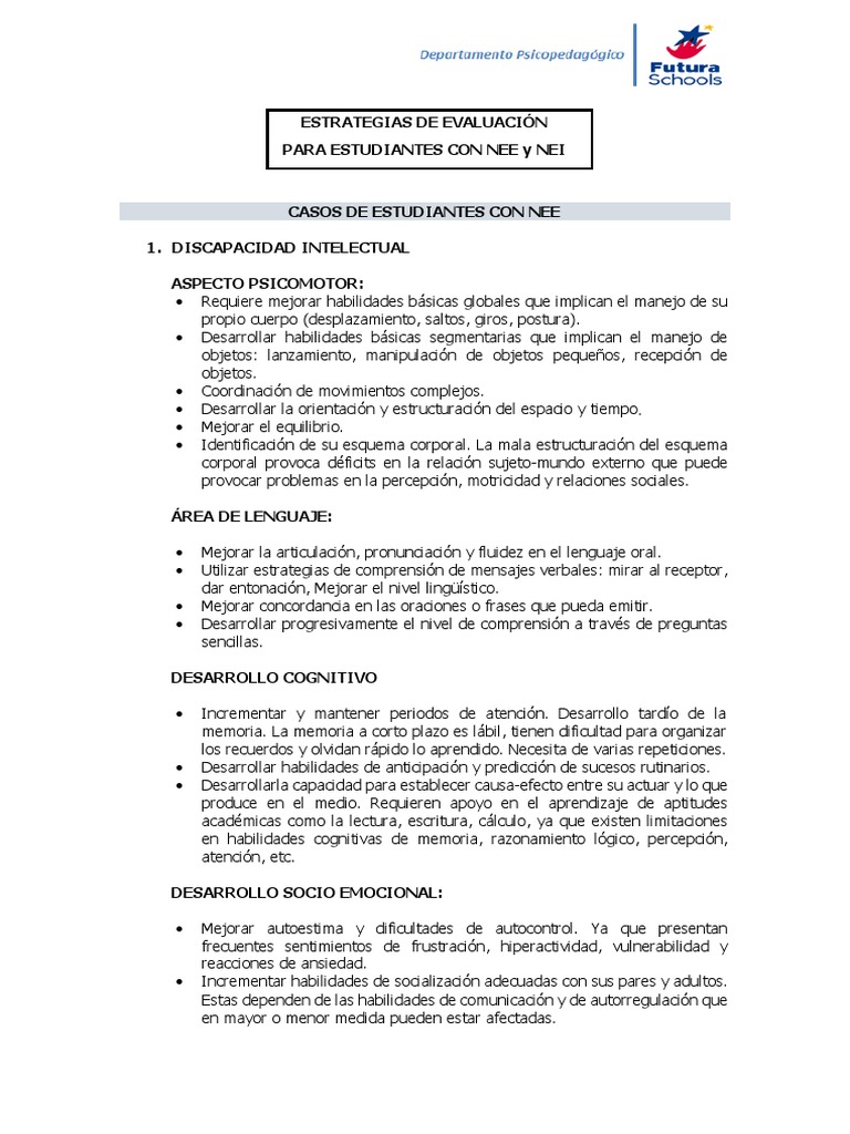 ESTRATEGIAS DE EVALUACIÓN PARA ESTUDIANTES CON NEE Y NEI | PDF ...