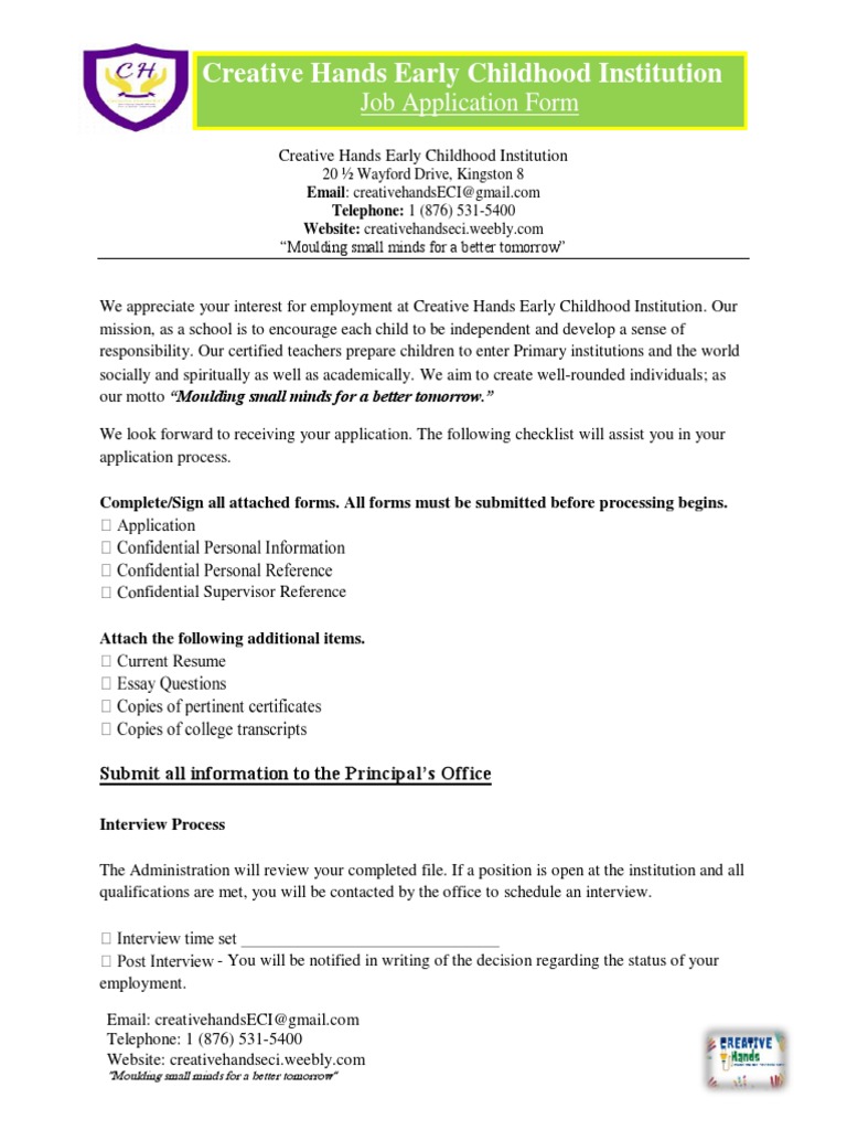Application Form Creative Hands Early Childhood Institution | PDF ...
