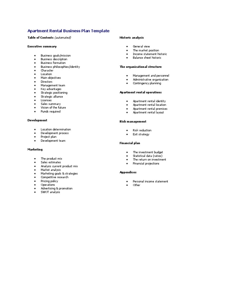 how to write a business plan for an apartment complex