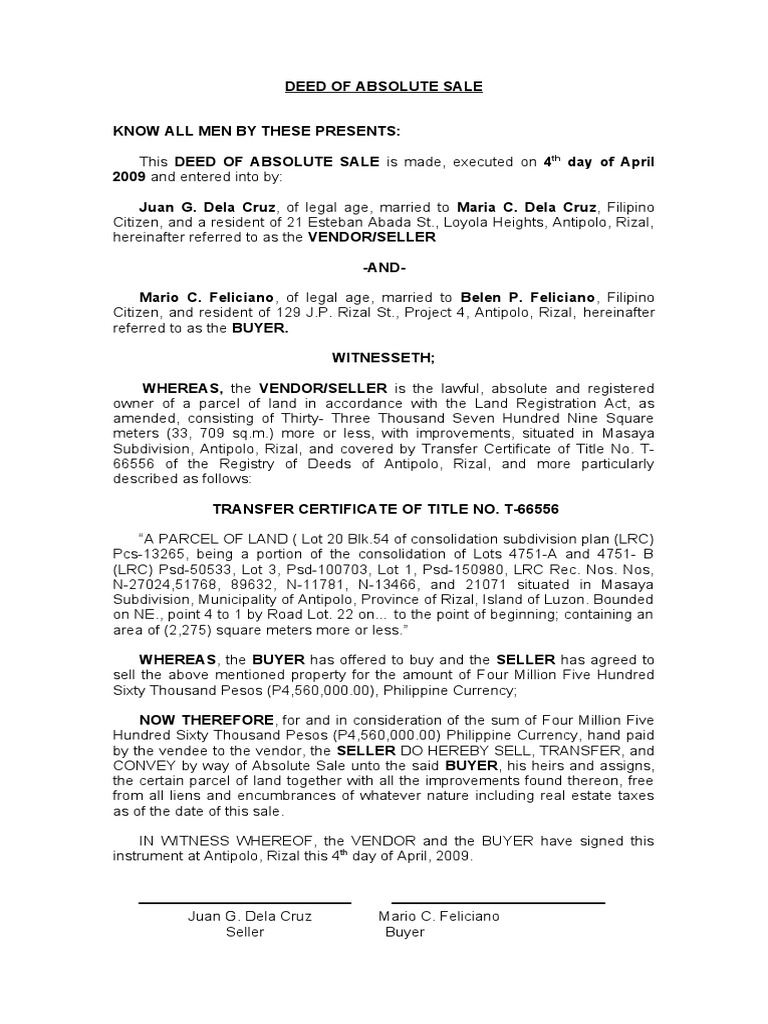 Sample Deed of Absolute Sale | PDF | Real Property Law | Urban