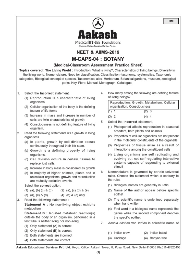 MCaps04 Botany NEET & AIIMS2019 PDF Taxonomy (Biology) Species