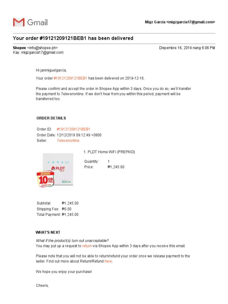 Your Order #19121209121BEB1 Has Been Delivered: Shopee | PDF