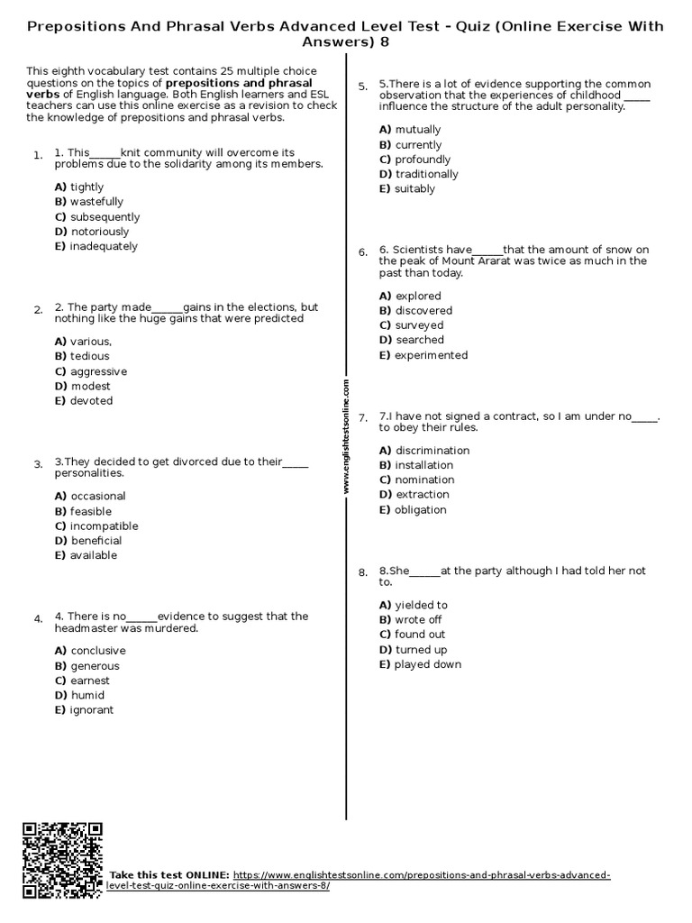 Advanced Phrasal Verbs Quiz 8 | PDF | English Language