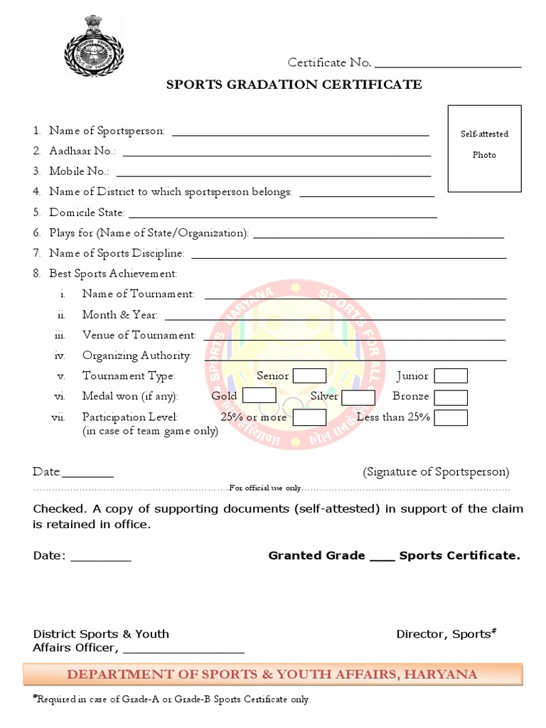 Certificate No. Sports Gradation Certificate Department of Sports & Youth Affairs, Haryana PDF