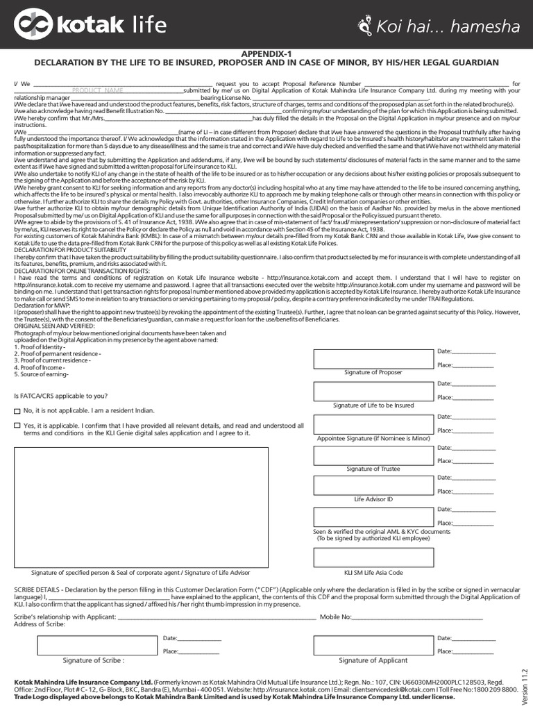 Declaration By The Life To Be Insured Form V11 Insurance Life Insurance