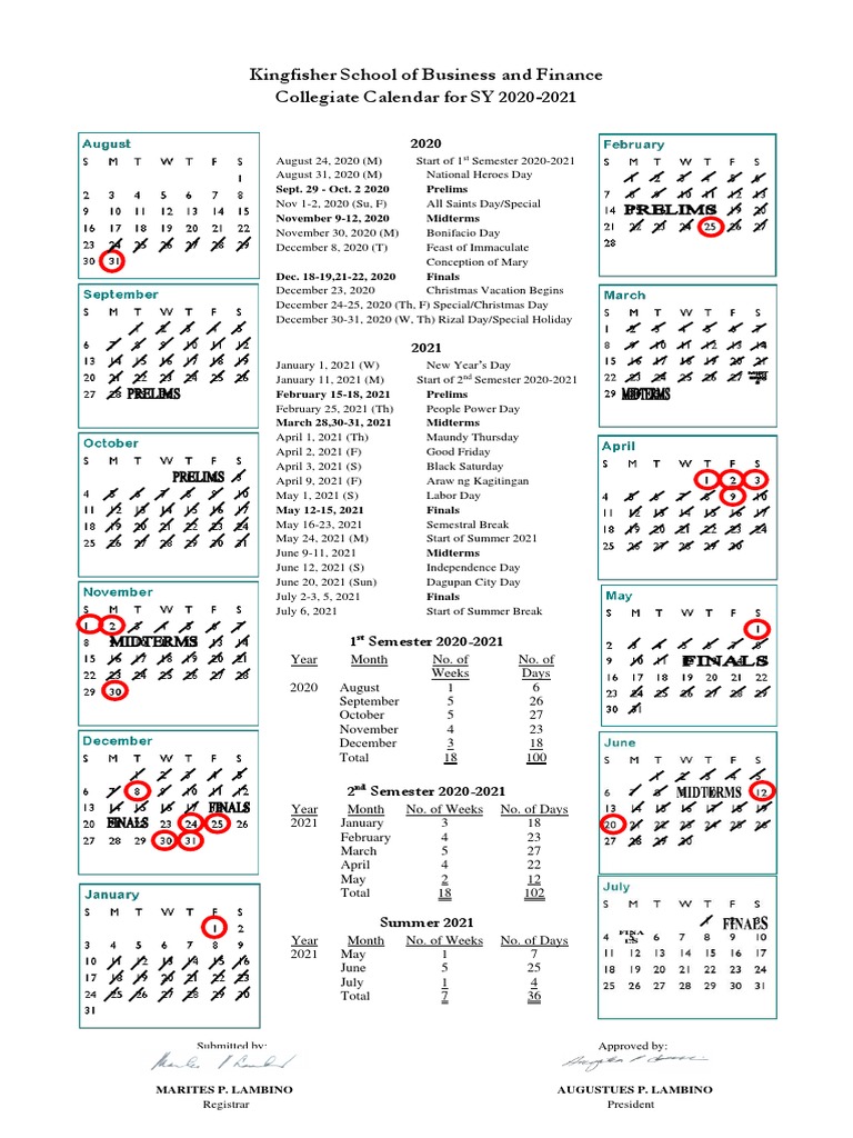 Kingfisher School of Business and Finance Collegiate Calendar For SY 2020-2021 | PDF | Academic Term | Liturgical Calendar
