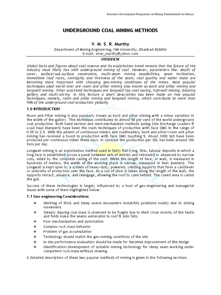 Underground Coal Mining Techniques | PDF | Coal Mining | Mining